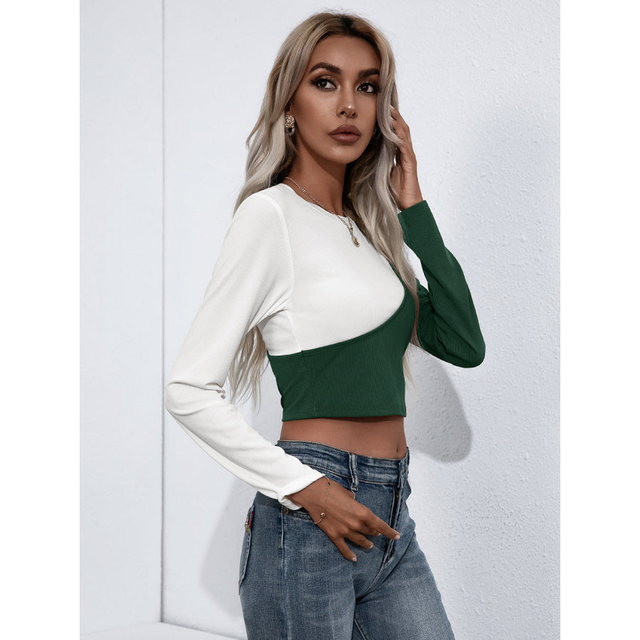 Croopped Contrast Color Round Neck Short Sleeve Tee