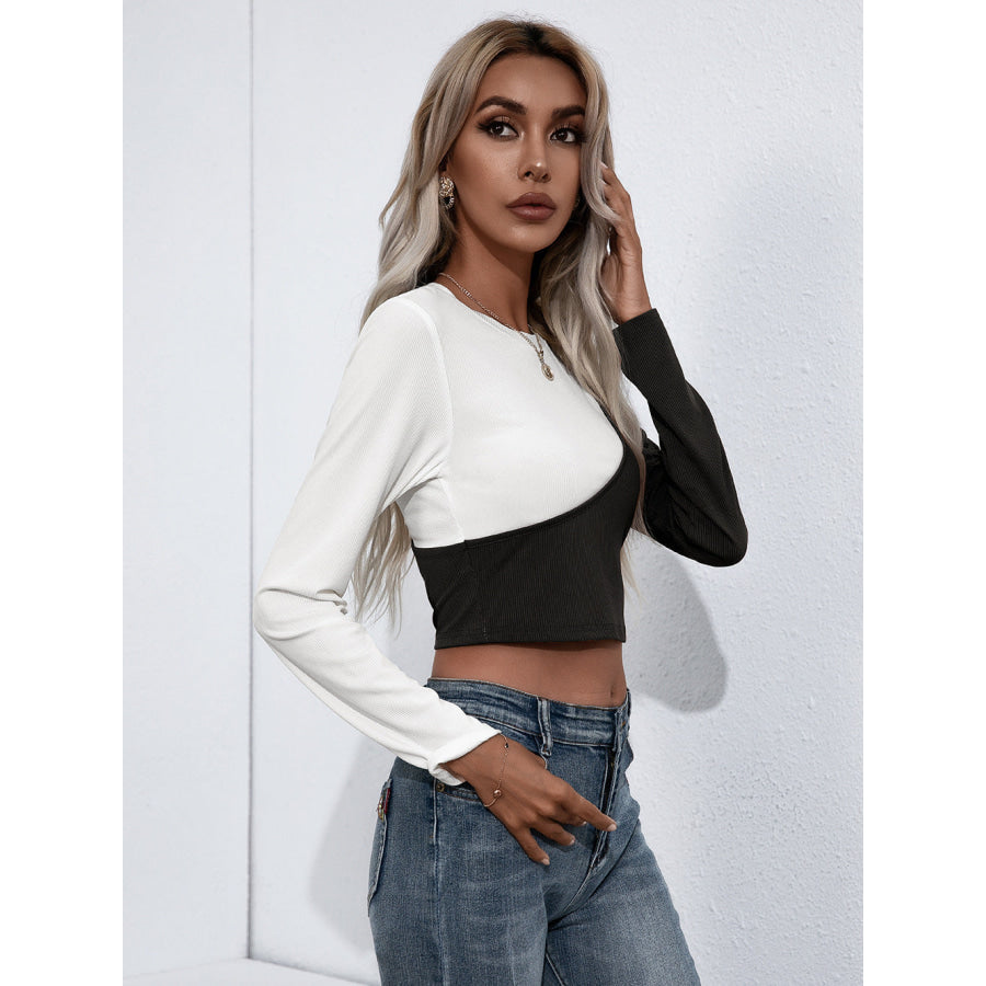 Croopped Contrast Color Round Neck Short Sleeve Tee