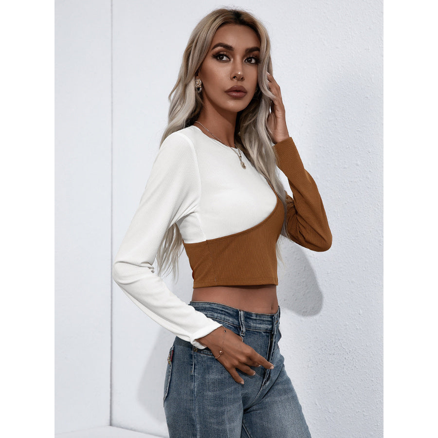 Croopped Contrast Color Round Neck Short Sleeve Tee