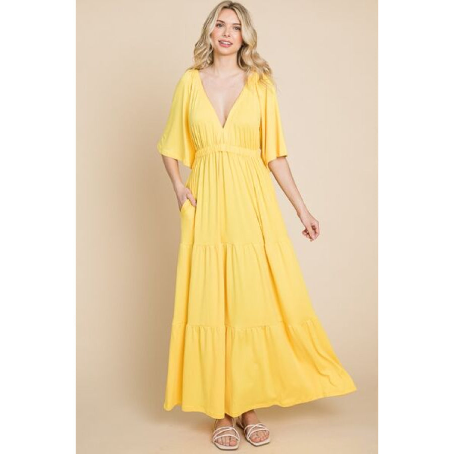 Culture Code Backless Plunge Half Sleeve Tiered Dress LEMONADE / S Apparel and Accessories