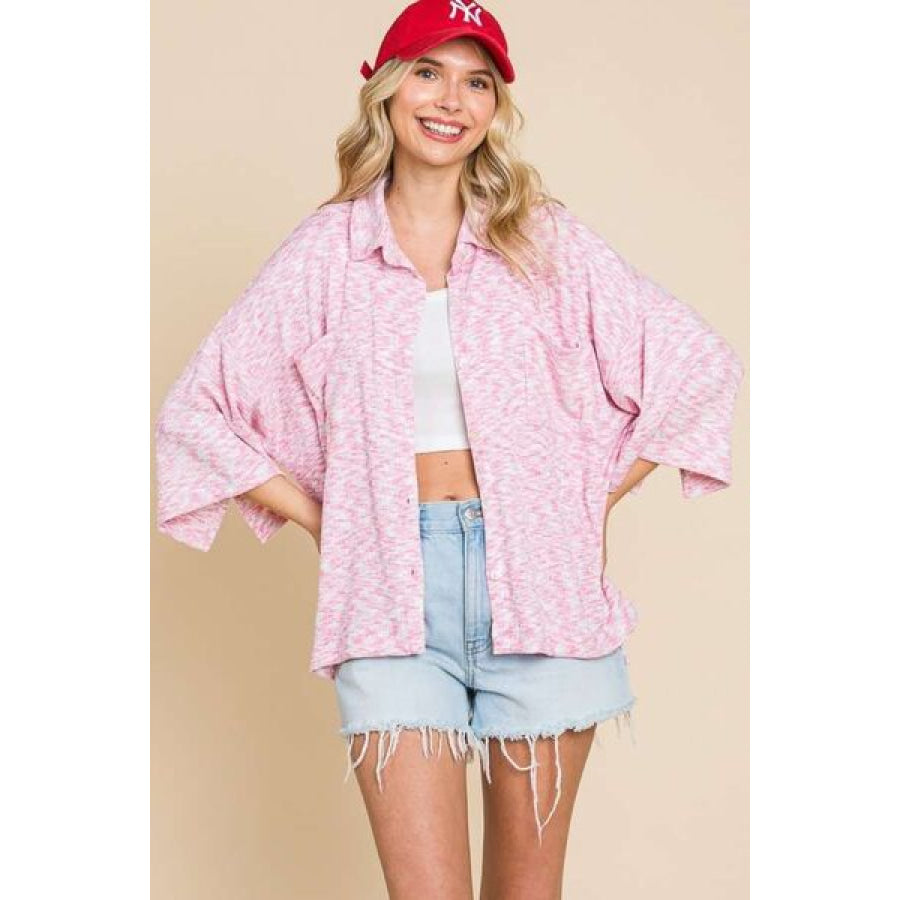 Culture Code Button Up Drop Shoulder Slit Shirt FLAMINGO PINK / S Apparel and Accessories