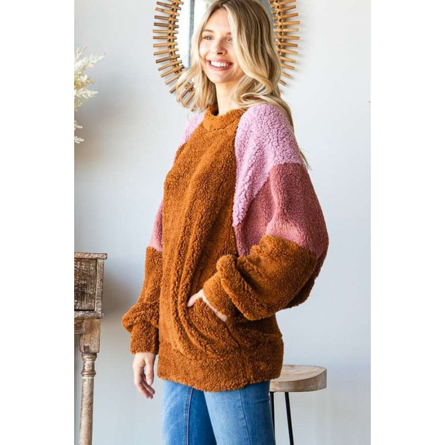 Culture Code Color Block Faux Fur Raglan Sleeve Sweatshirt Apparel and Accessories