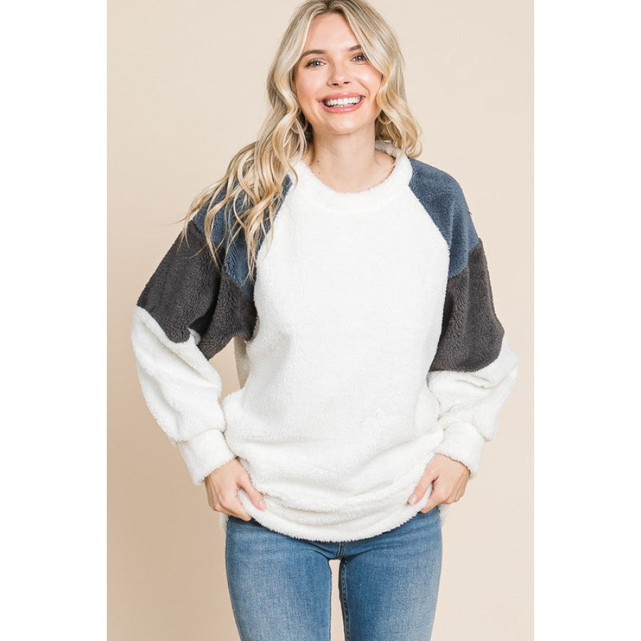 Culture Code Color Block Faux Fur Raglan Sleeve Sweatshirt Apparel and Accessories