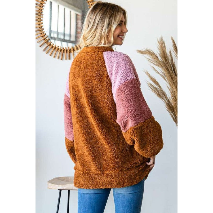 Culture Code Color Block Faux Fur Raglan Sleeve Sweatshirt Brown / S Apparel and Accessories