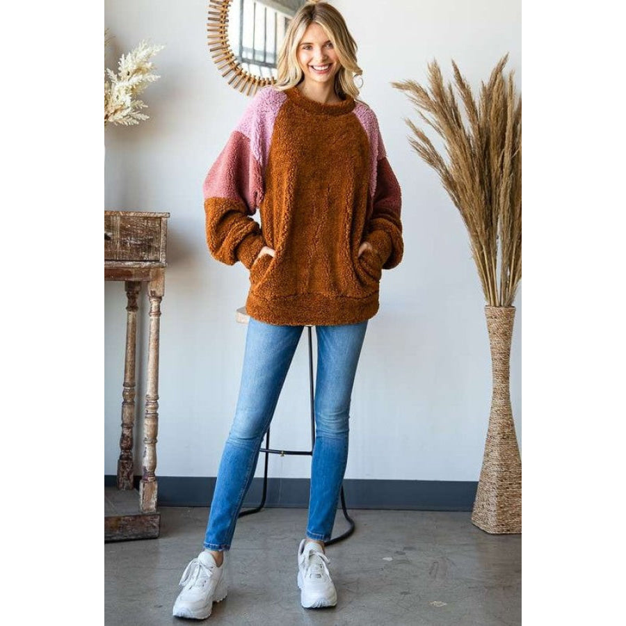 Culture Code Color Block Faux Fur Raglan Sleeve Sweatshirt Apparel and Accessories
