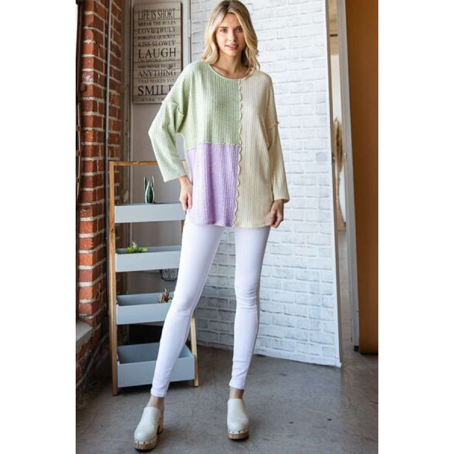 Culture Code Color Block Round Neck Dropped Shoulder Blouse Apparel and Accessories