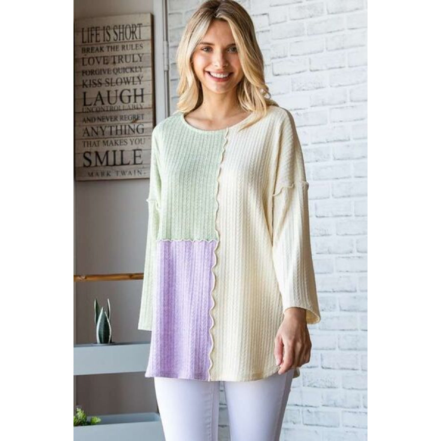 Culture Code Color Block Round Neck Dropped Shoulder Blouse SAGEBRUSHCOMBO / S Apparel and Accessories