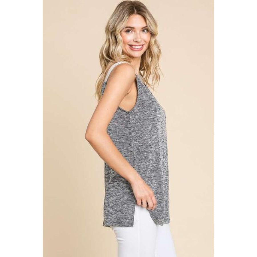 Culture Code Contrast Eyelet Strap Slit Ribbed Tank BLACK / S Apparel and Accessories