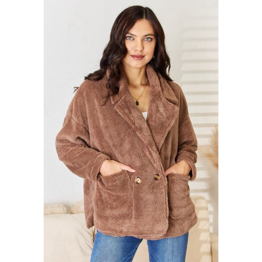 Culture Code Double Breasted Fuzzy Coat New Taupe / S Apparel and Accessories