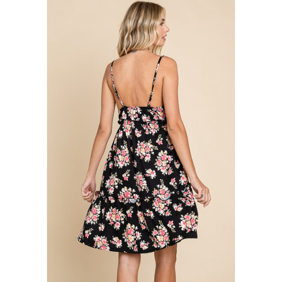 Culture Code Full Size Floral Frill Cami Dress Black / S Apparel and Accessories