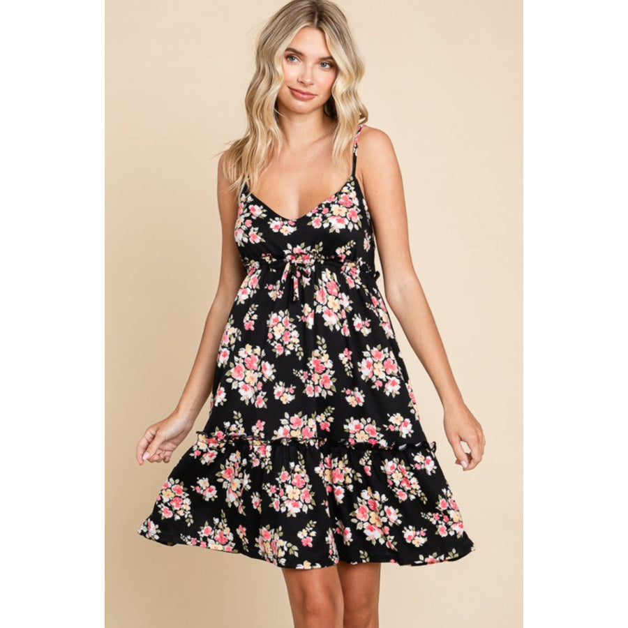Culture Code Full Size Floral Frill Cami Dress Black / S Apparel and Accessories