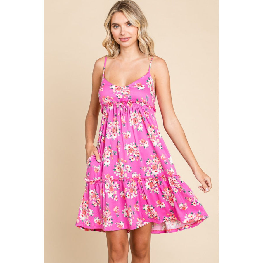 Culture Code Full Size Floral Ruffled Cami Dress Pink / S Apparel and Accessories