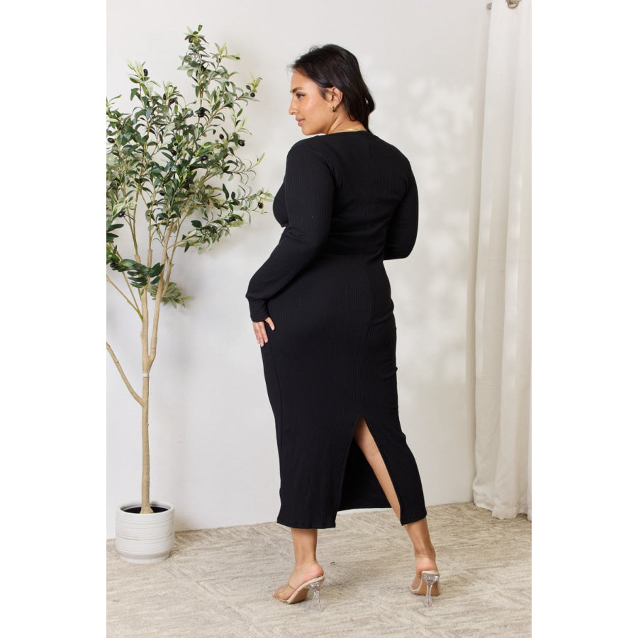 Culture Code Full Size Ribbed Long Sleeve Midi Slit Dress Black / S Apparel and Accessories
