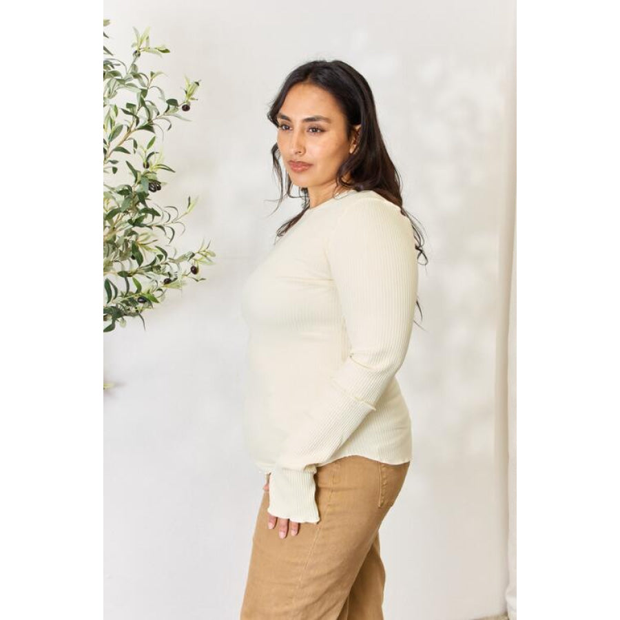 Culture Code Full Size Ribbed Round Neck Long Sleeve Top