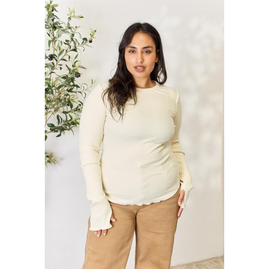 Culture Code Full Size Ribbed Round Neck Long Sleeve Top