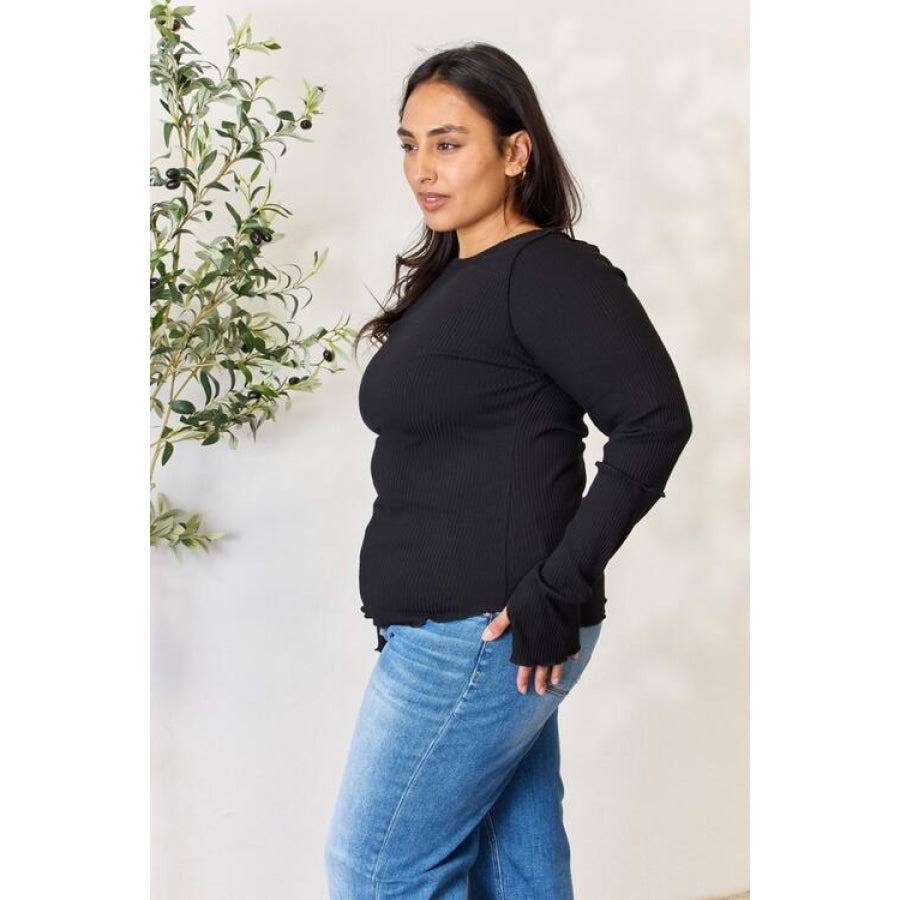 Culture Code Full Size Ribbed Round Neck Long Sleeve Top