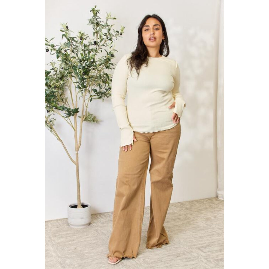 Culture Code Full Size Ribbed Round Neck Long Sleeve Top