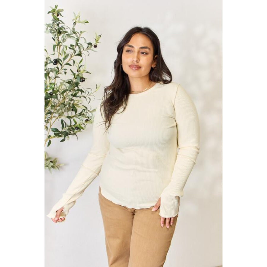 Culture Code Full Size Ribbed Round Neck Long Sleeve Top