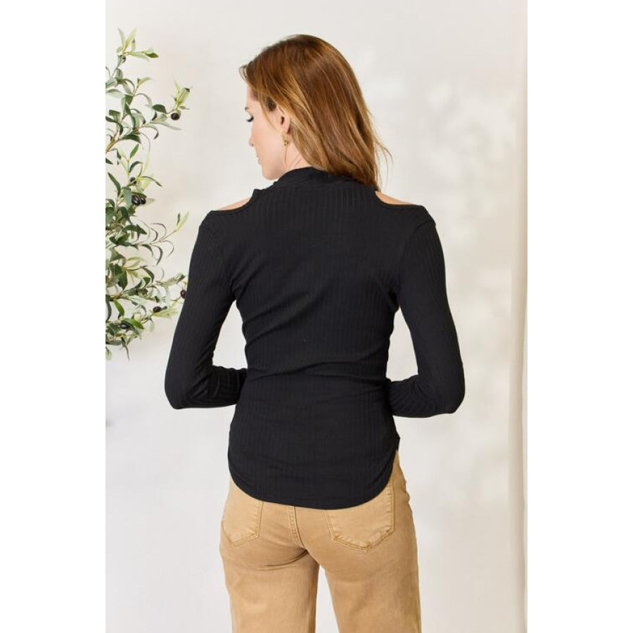 Culture Code Full Size Ribbed Surplice Cold Shoulder Top Black / S