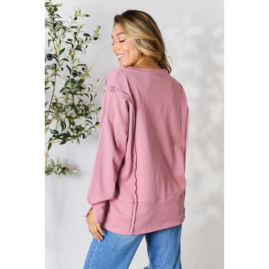 Culture Code Full Size Round Neck Exposed Seam Slit Top Clothing