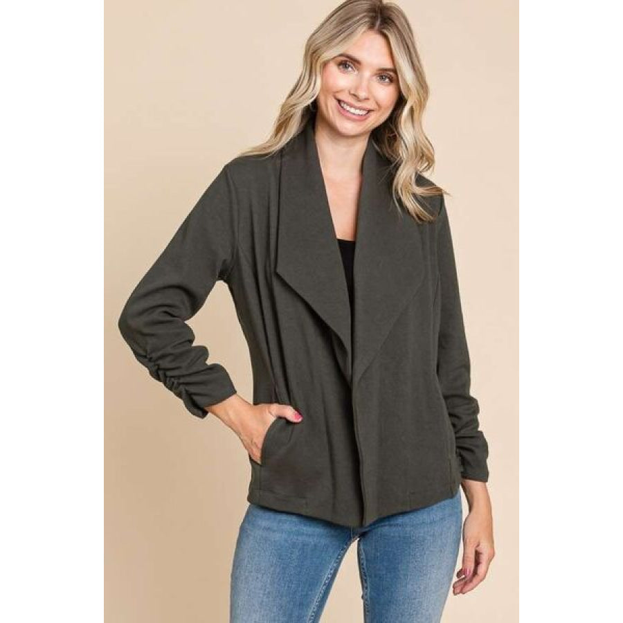 Culture Code Full Size Ruched Open Front Long Sleeve Jacket Apparel and Accessories
