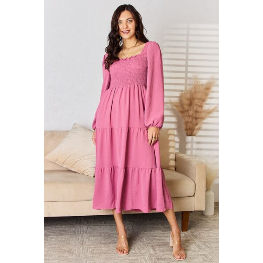 Culture Code Full Size Ruffle Trim Smocked Tiered Dress Medium Rose / S Apparel and Accessories