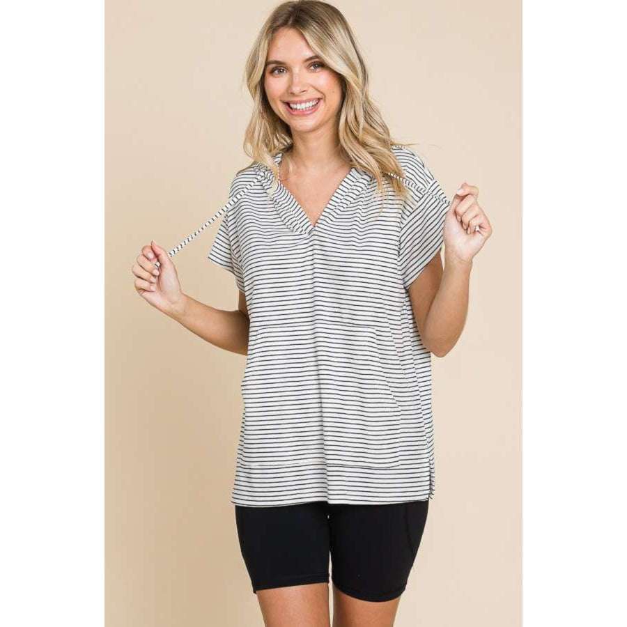 Culture Code Full Size Striped Short Sleeve Hooded Top Apparel and Accessories