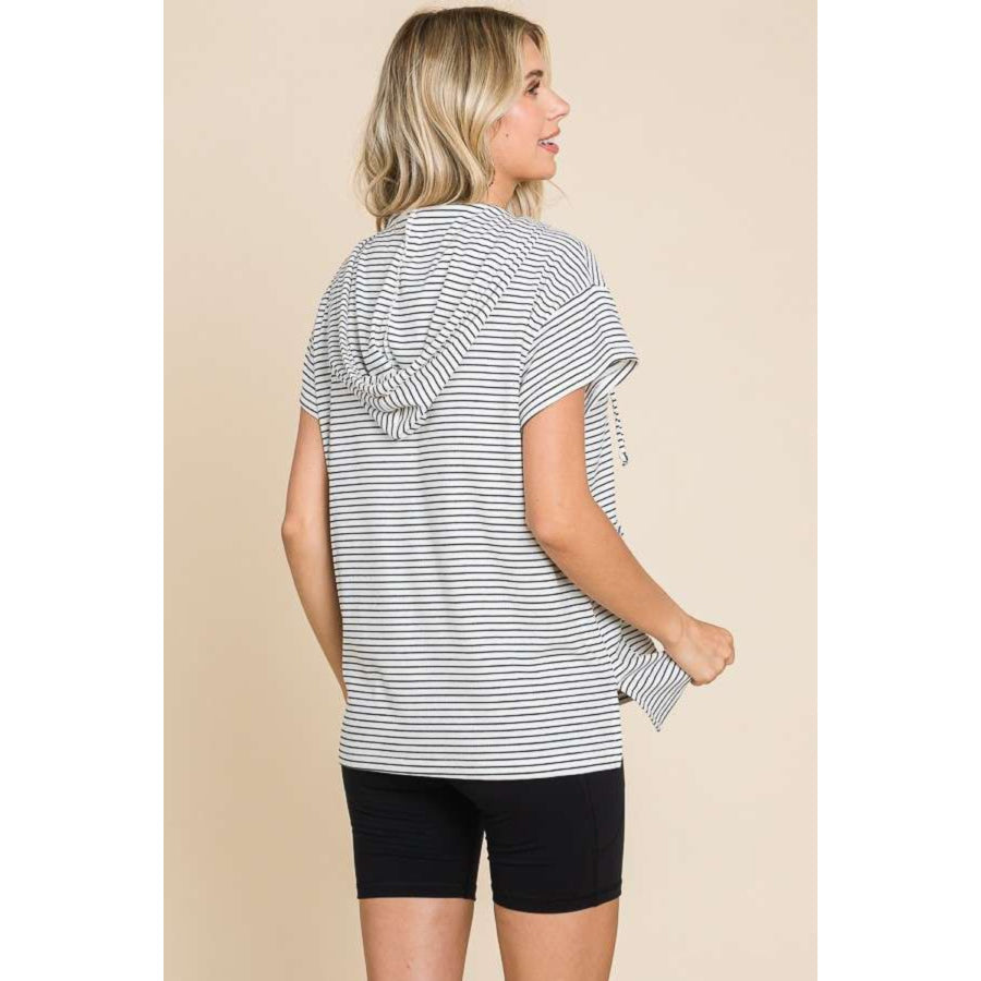 Culture Code Full Size Striped Short Sleeve Hooded Top Apparel and Accessories