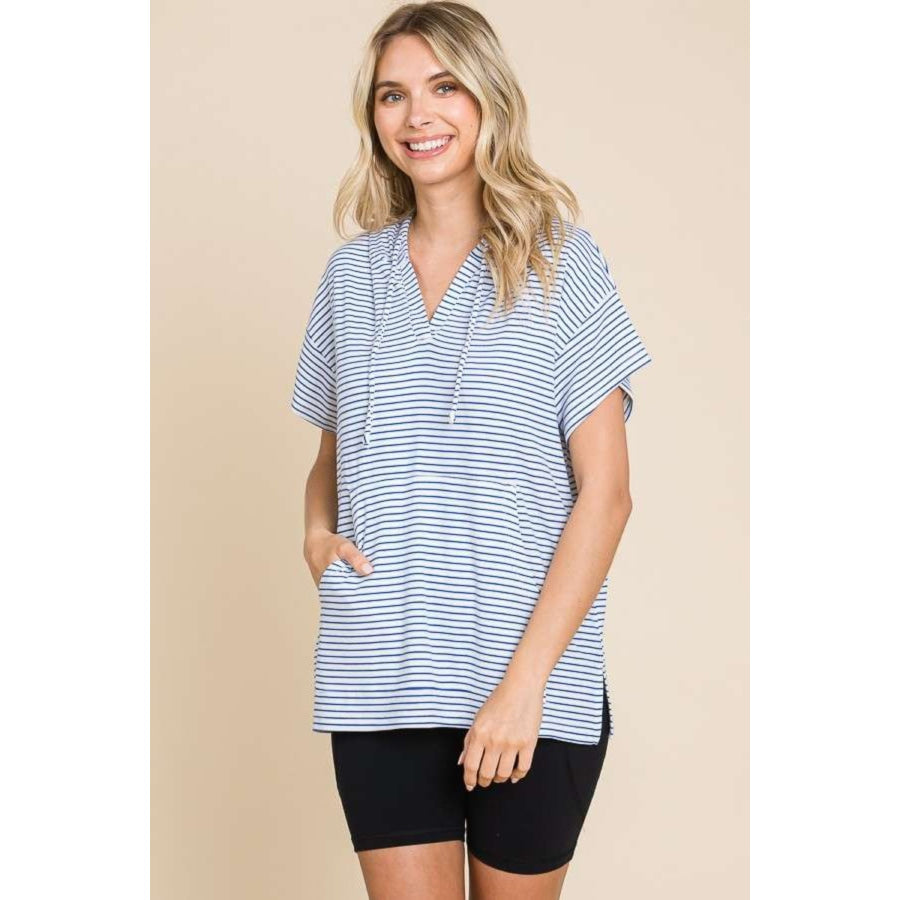 Culture Code Full Size Striped Short Sleeve Hooded Top Apparel and Accessories