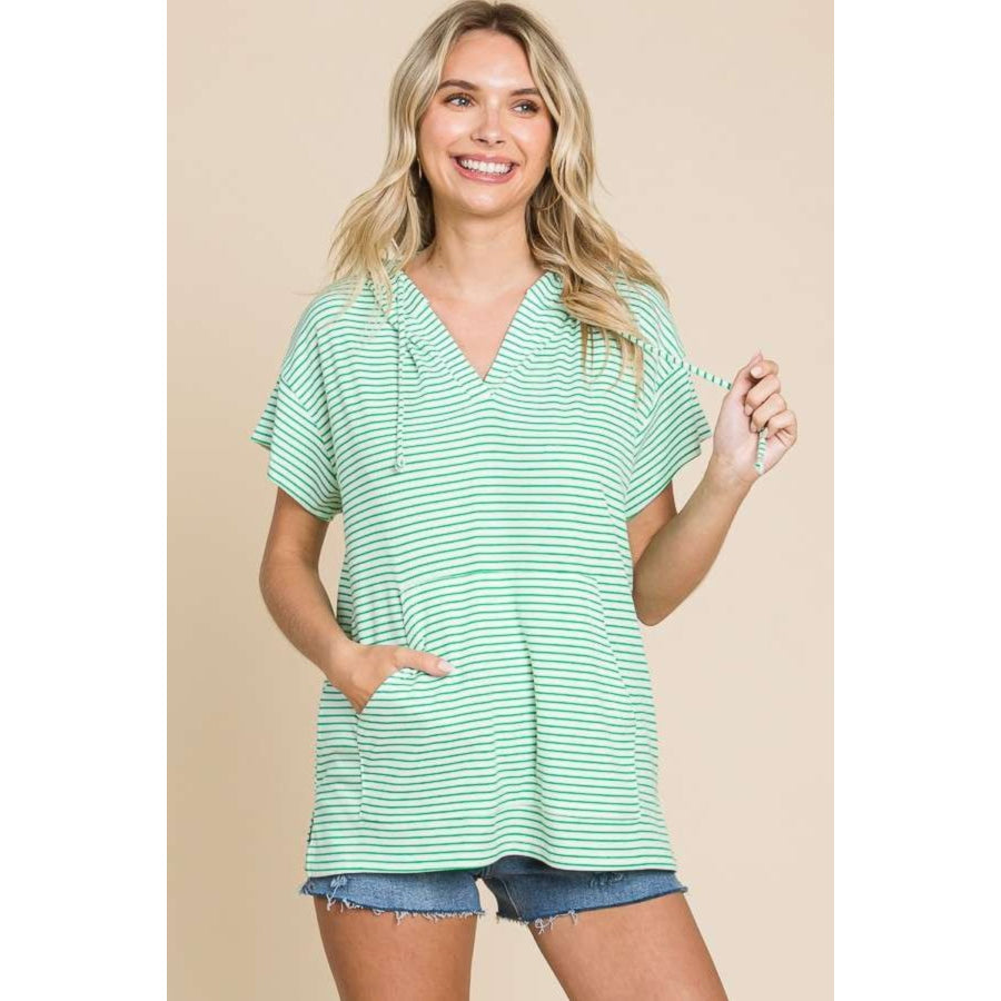 Culture Code Full Size Striped Short Sleeve Hooded Top Apparel and Accessories