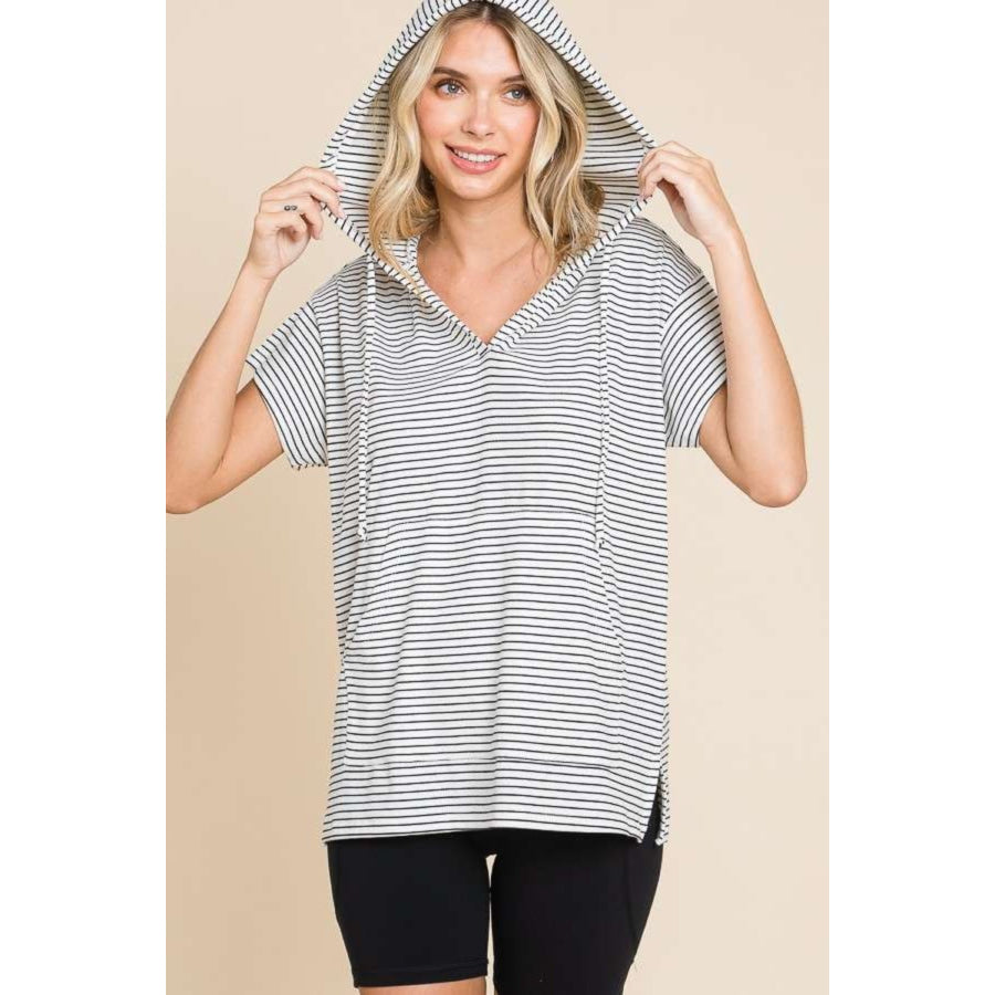 Culture Code Full Size Striped Short Sleeve Hooded Top Black / S Apparel and Accessories