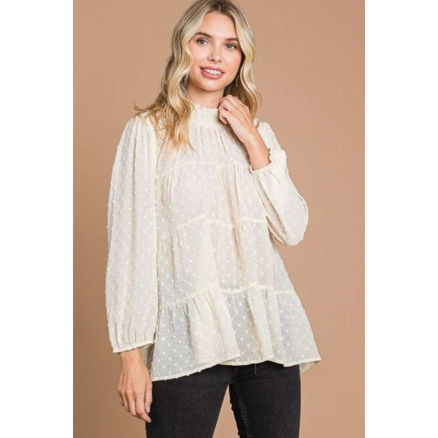 Culture Code Full Size Swiss Dot Smocked Mock Neck Blouse Apparel and Accessories