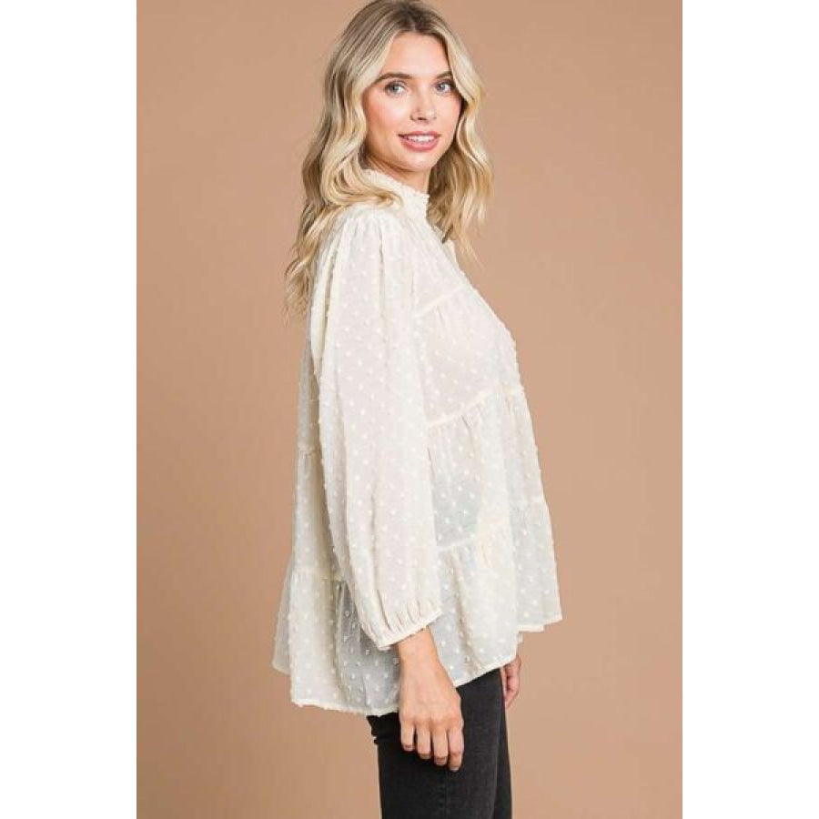 Culture Code Full Size Swiss Dot Smocked Mock Neck Blouse Apparel and Accessories