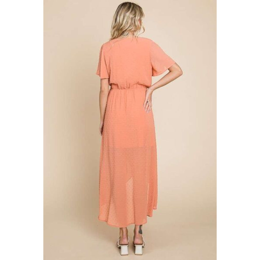 Culture Code Full Size Swiss Dot Tied Slit Short Sleeve Dress Apparel and Accessories