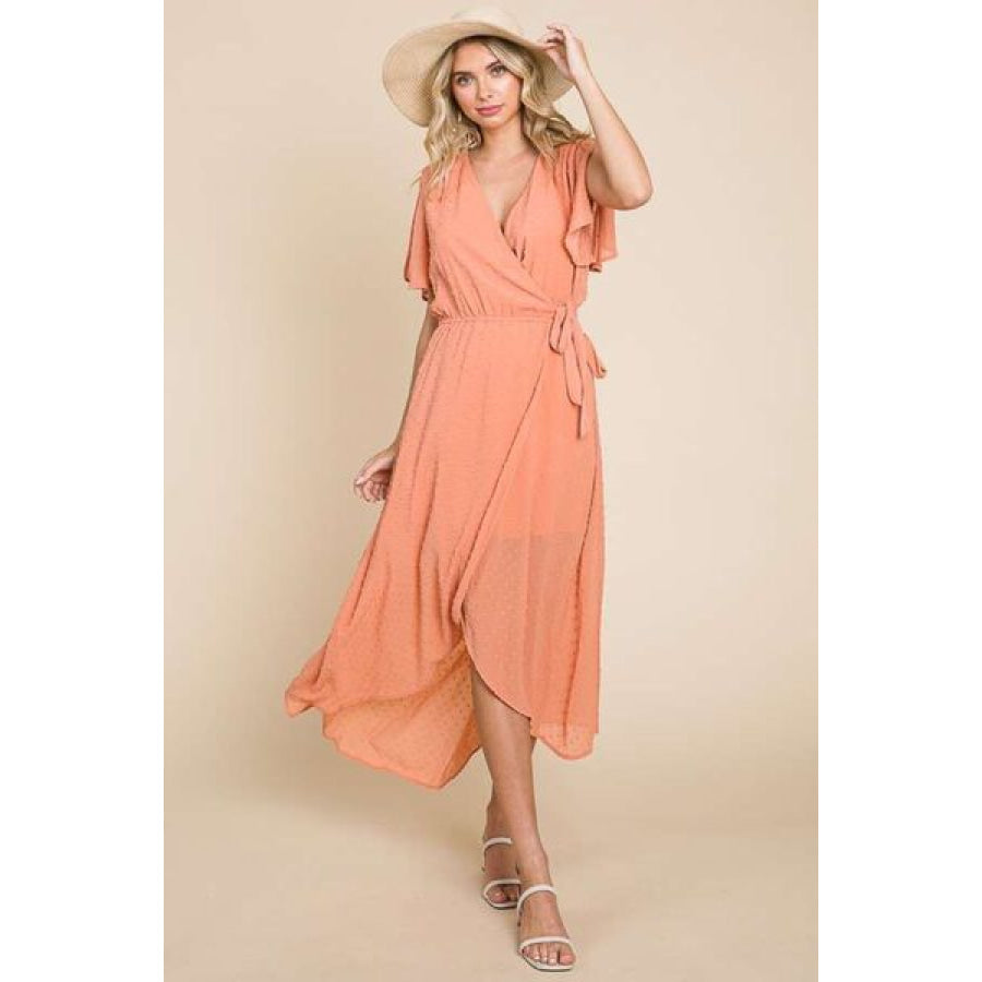 Culture Code Full Size Swiss Dot Tied Slit Short Sleeve Dress Apparel and Accessories