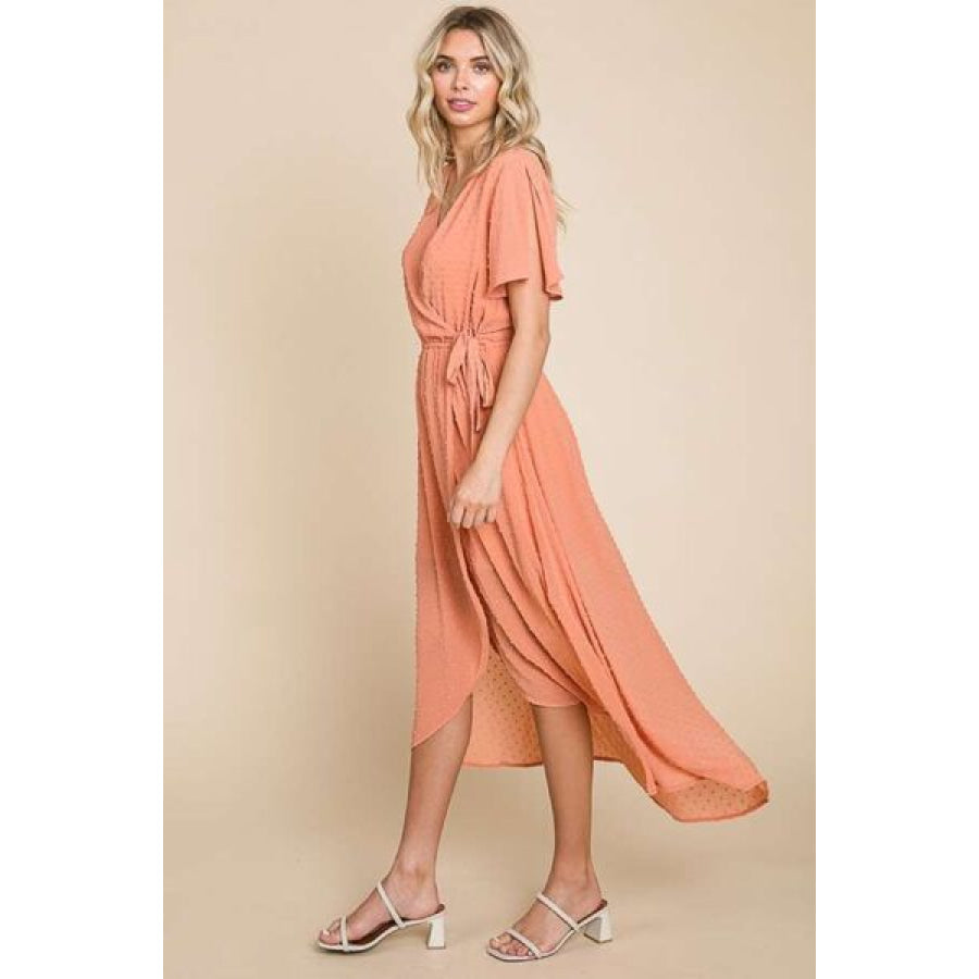 Culture Code Full Size Swiss Dot Tied Slit Short Sleeve Dress Apparel and Accessories