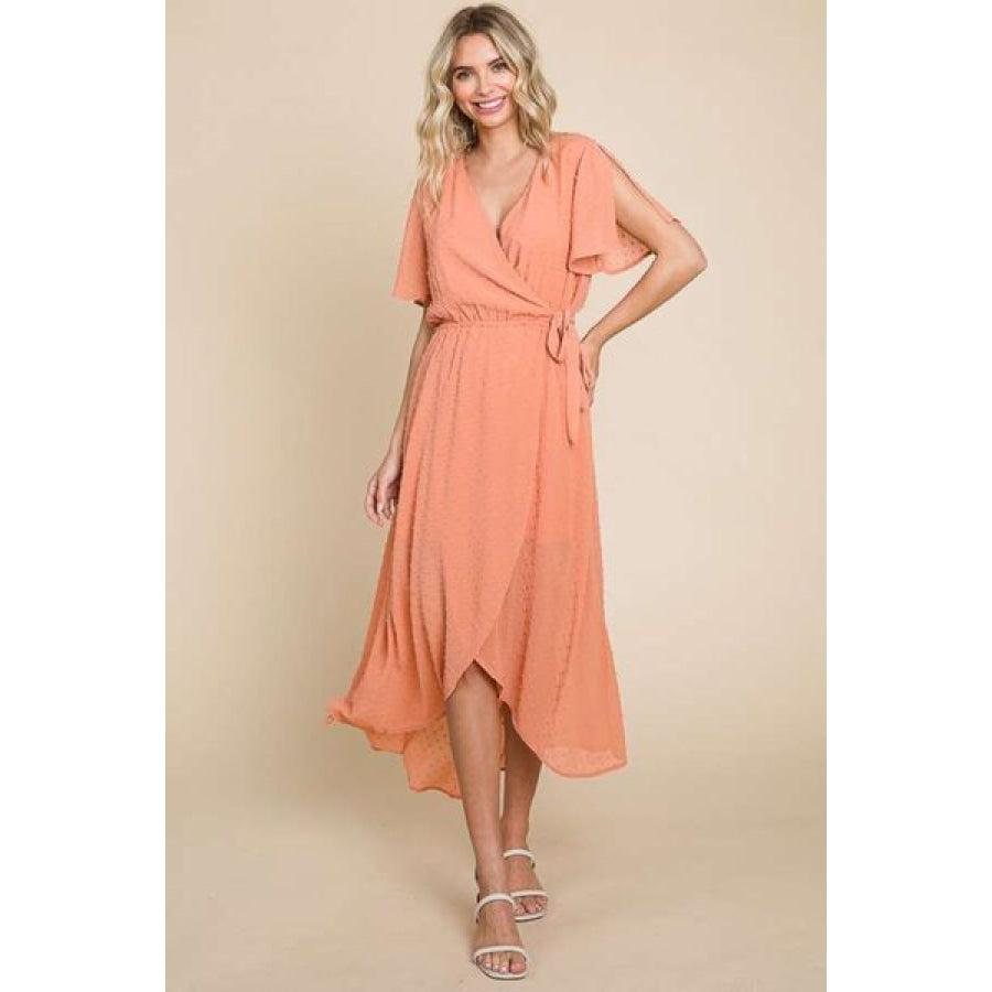 Culture Code Full Size Swiss Dot Tied Slit Short Sleeve Dress COCOA / S Apparel and Accessories