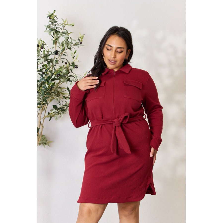 Culture Code Full Size Tie Front Half Zip Long Sleeve Shirt Dress BURGUNDY / S Apparel and Accessories