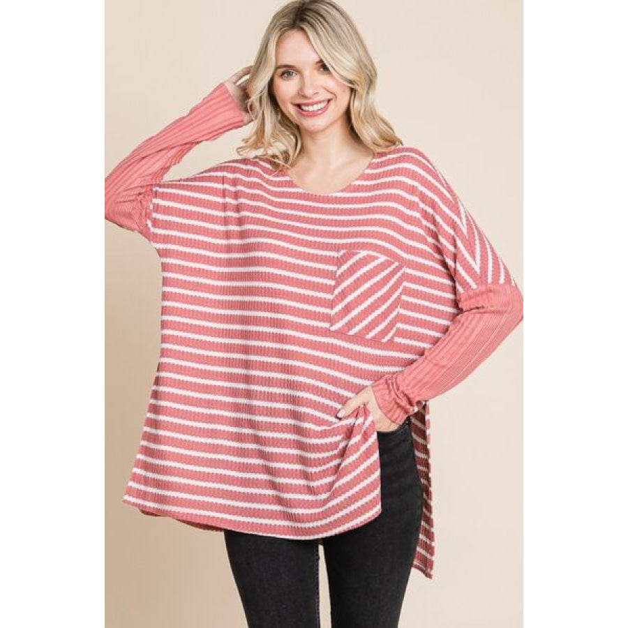 Culture Code Oversize Striped Round Neck Long Sleeve Slit T - Shirt Apparel and Accessories