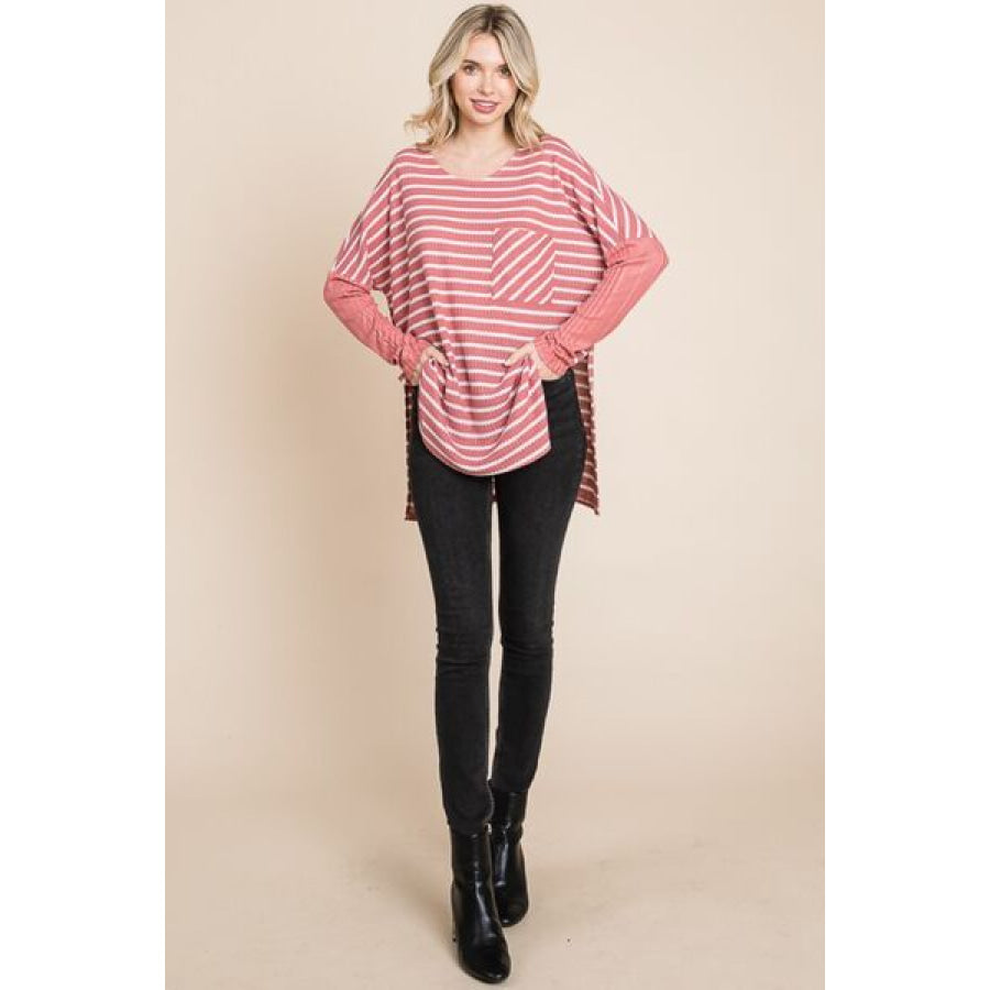 Culture Code Oversize Striped Round Neck Long Sleeve Slit T - Shirt Apparel and Accessories