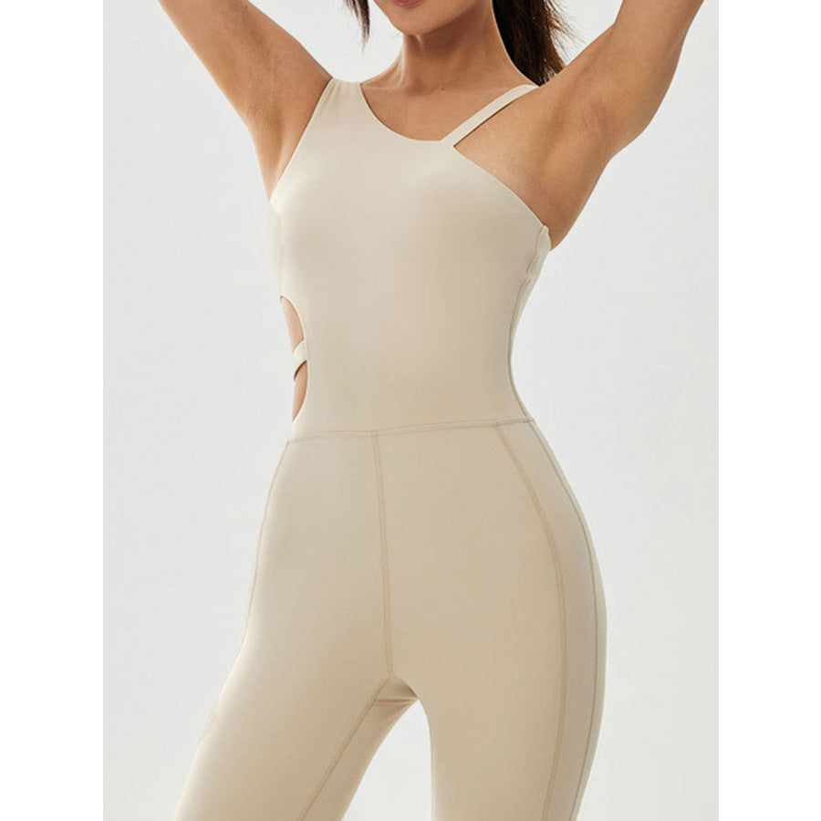 Cutout Asymmetrical Neck Active Jumpsuit Cream / S Apparel and Accessories