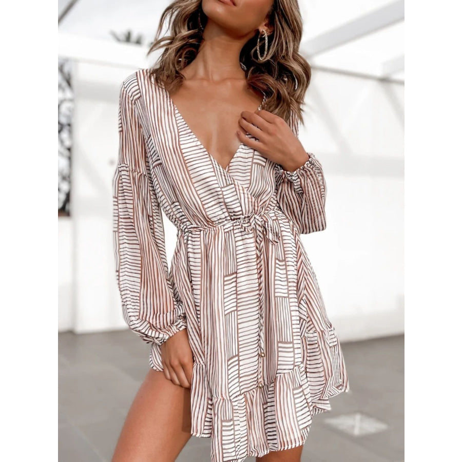 Cutout Back Surplice Long Sleeve Dress Camel / S Apparel and Accessories