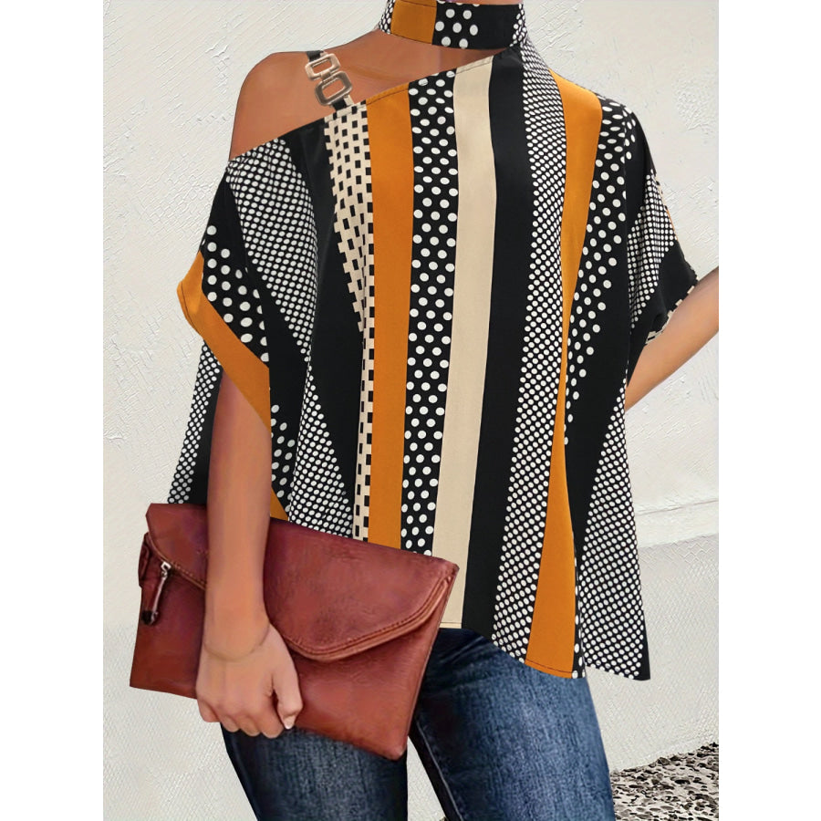 Cutout Color Block Mock Neck Blouse Black / S Apparel and Accessories