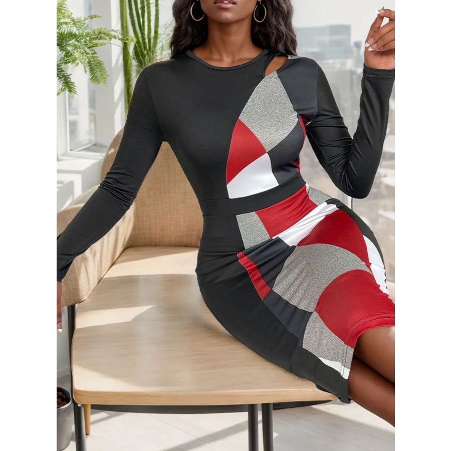Cutout Color Block Round Neck Long Sleeve Dress Apparel and Accessories