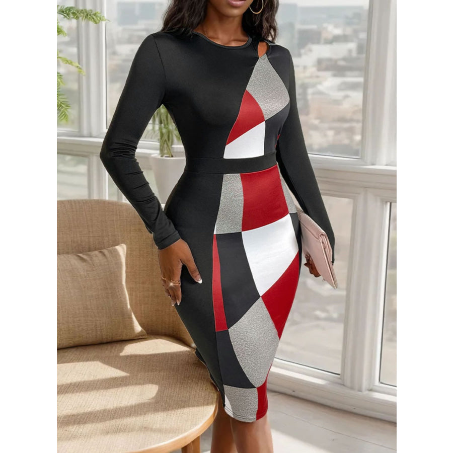 Cutout Color Block Round Neck Long Sleeve Dress Apparel and Accessories