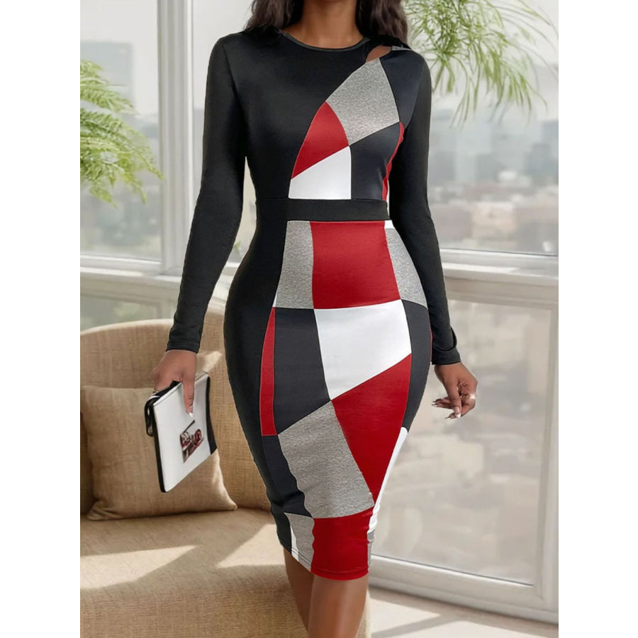 Cutout Color Block Round Neck Long Sleeve Dress Black / S Apparel and Accessories