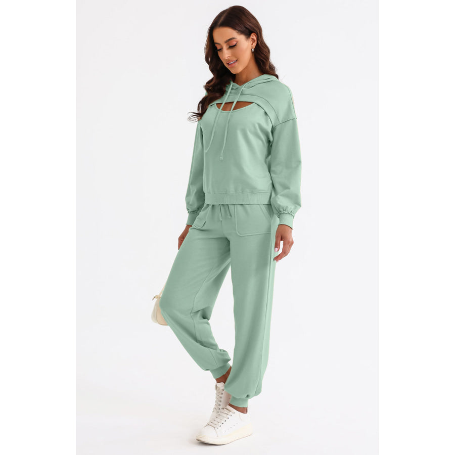 Cutout Drawstring Hoodie and Joggers Active Set Gum Leaf / S Apparel and Accessories
