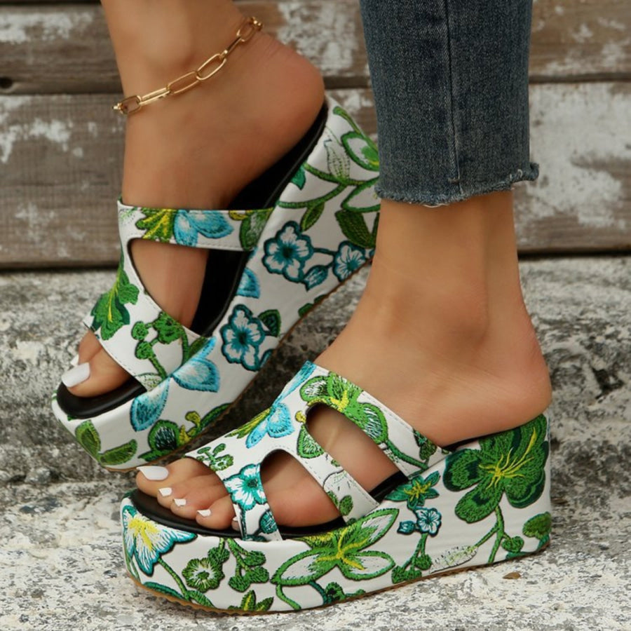 Cutout Floral Peep Toe Sandals Mid Green / 35(US4) Apparel and Accessories