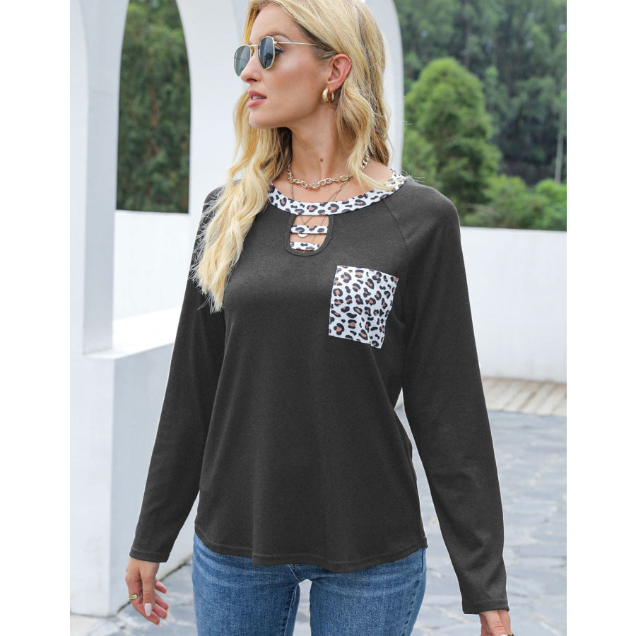 Cutout Leopard Round Neck Long Sleeve T-Shirt Apparel and Accessories