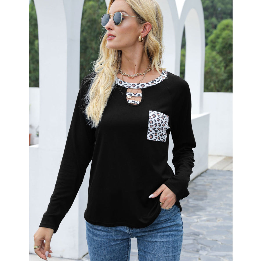 Cutout Leopard Round Neck Long Sleeve T-Shirt Apparel and Accessories